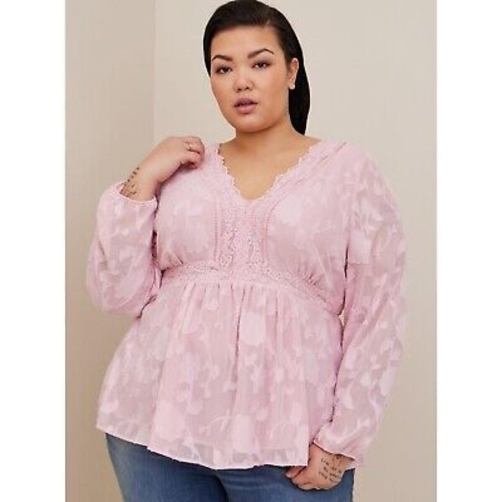 Torrid Pink Peplum Blouse with Bishop Sleeves Plus Size: 3